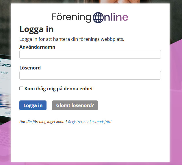 Skärmdump av inloggningsrutan